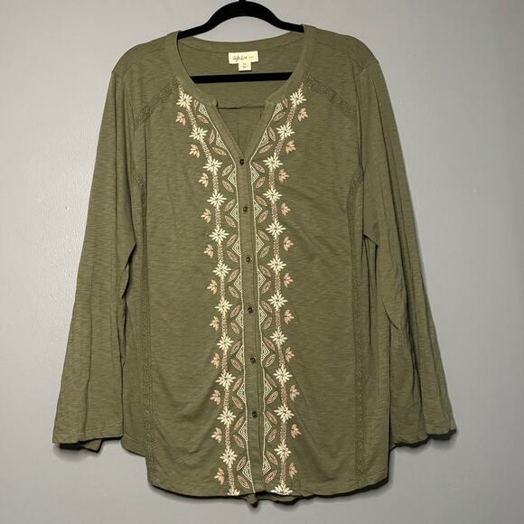 Style & Co 2X Long Sleeve Blouse Top Crochet Embroidered Floral Olive Green Boho - Picture 2 of 7